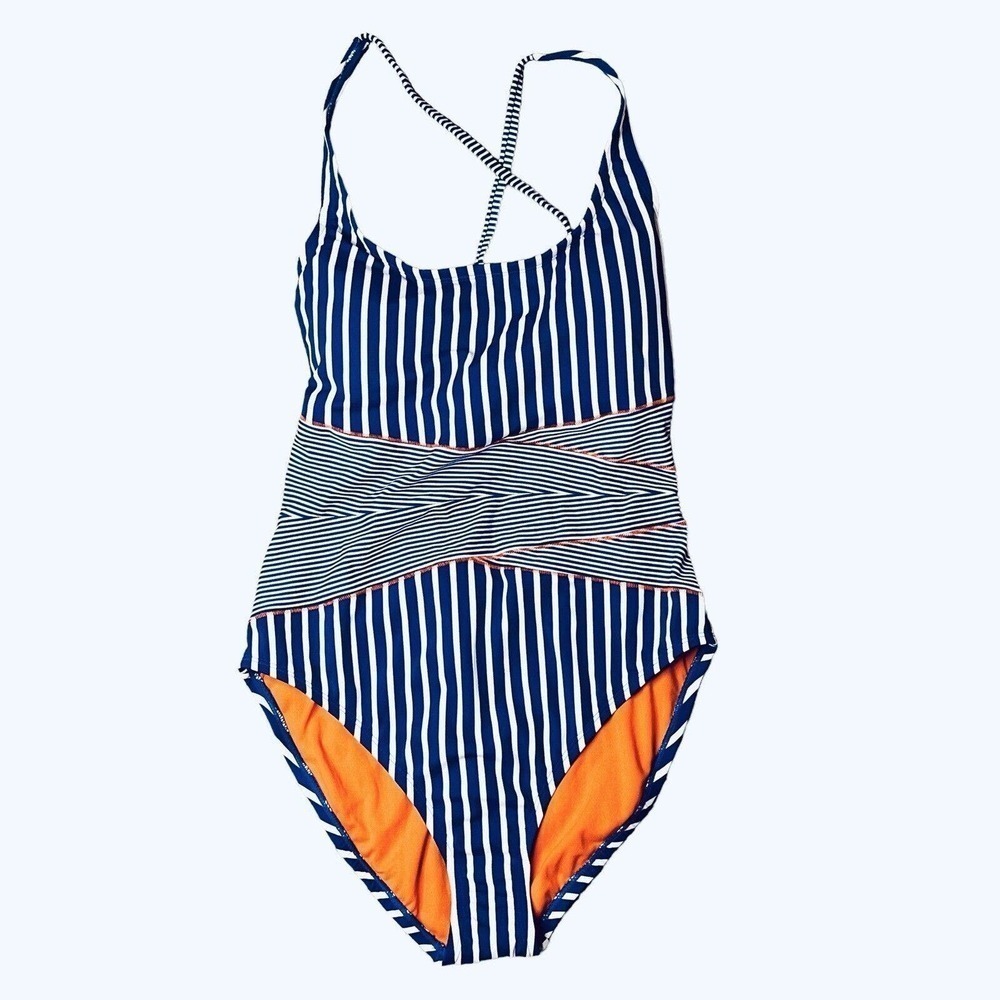 NWT Skechers Women’s Swimsuit L One Piece Royal Blue Stripe Lined Lightl…